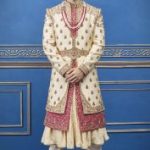 Cream maroon layer style silk groom wedding sherwani