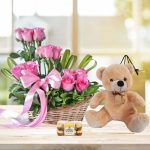 Basket of Pink Roses Teddy and Chocolates Combo